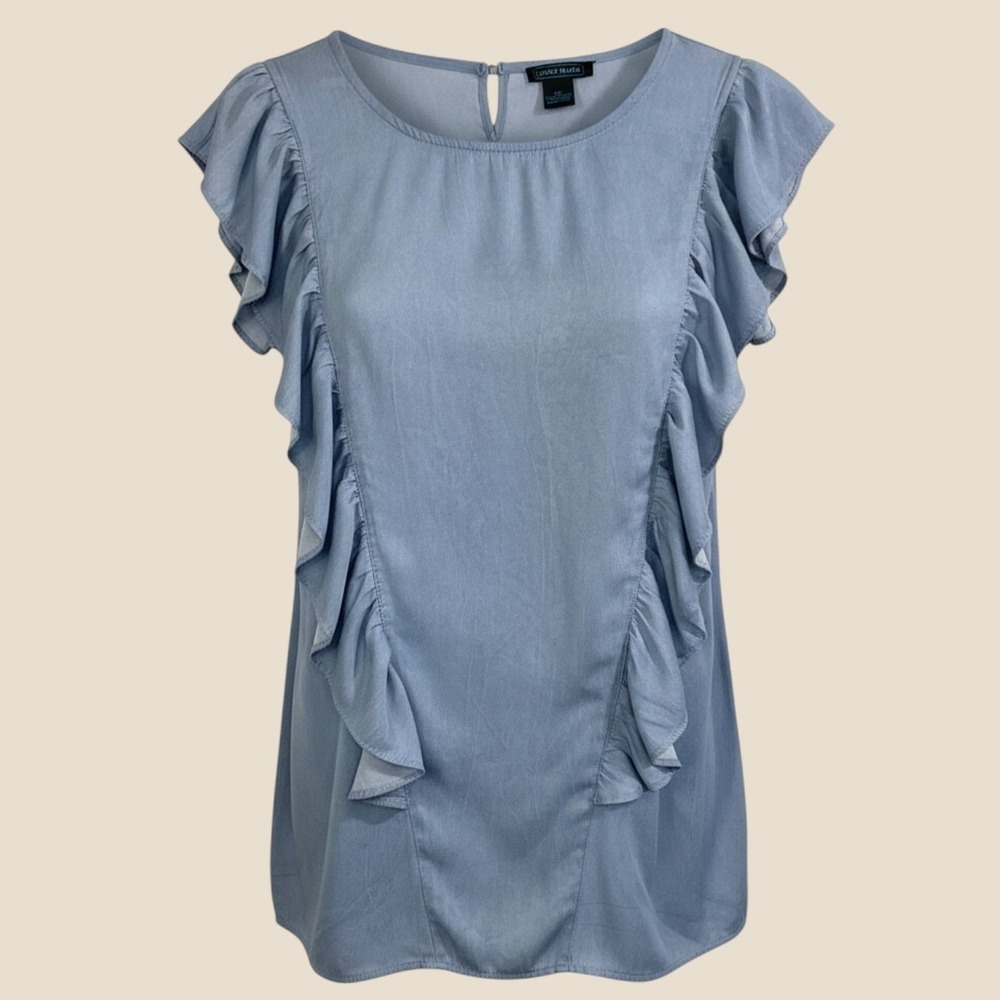 Select + Trend Ruffle Front Top Women XL Blue Chambray Flutter Sleeve Blouse